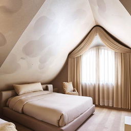 A neutrally themed bedroom with a distinctive concave ceiling. The walls are adorned with wallpaper while full-height curtains dress the windows. The room also features a drop ceiling, two cozy coffee armchairs, and a matching table.