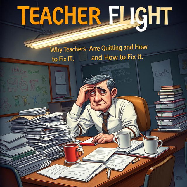 A book cover illustrating the title 'Teacher Flight: Why Teachers Are Quitting and How to Fix It' with poignant imagery depicting teacher burnout