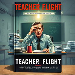 A book cover illustrating the title 'Teacher Flight: Why Teachers Are Quitting and How to Fix It' with poignant imagery depicting teacher burnout