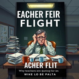 A book cover illustrating the title 'Teacher Flight: Why Teachers Are Quitting and How to Fix It' with poignant imagery depicting teacher burnout