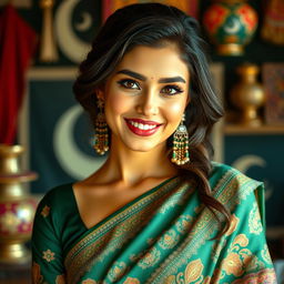 a stunning Pakistani woman with captivating features, dressed in a traditional and elegant sari, showcasing intricate patterns and vibrant colors