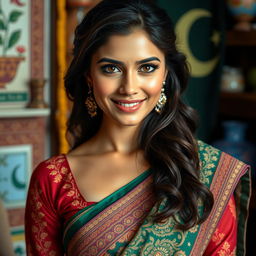 a stunning Pakistani woman with captivating features, dressed in a traditional and elegant sari, showcasing intricate patterns and vibrant colors