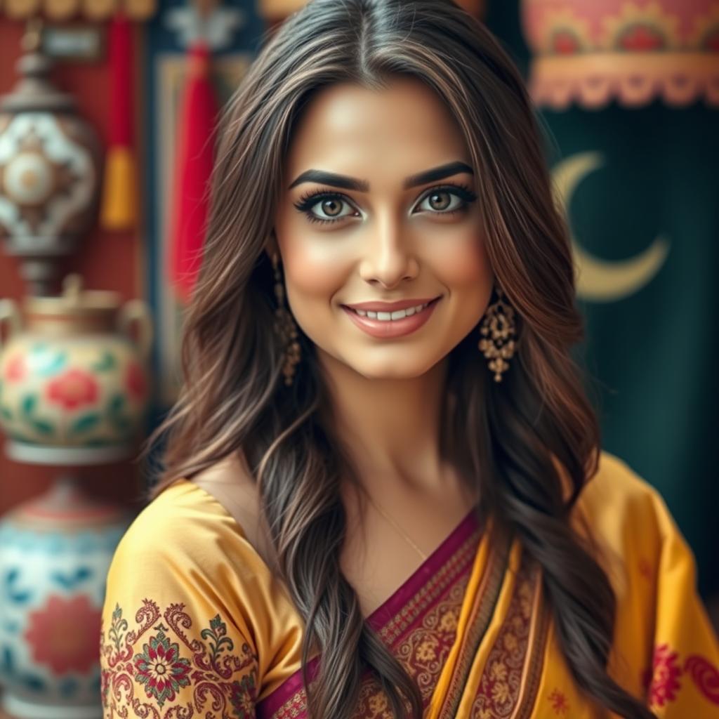 a stunning Pakistani woman with captivating features, dressed in a traditional and elegant sari, showcasing intricate patterns and vibrant colors