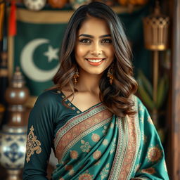 a stunning Pakistani woman with captivating features, dressed in a traditional and elegant sari, showcasing intricate patterns and vibrant colors