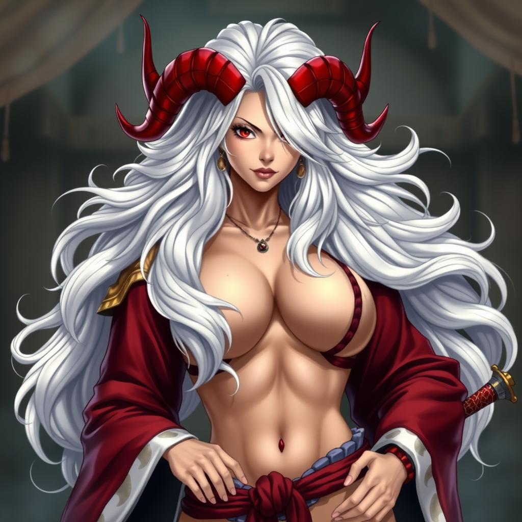 A sexy portrayal of Yamato, a character from One Piece, with her iconic large white mane-like hair and traditional yet revealing samurai attire, emphasizing her confident and alluring demeanor