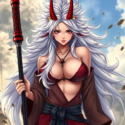 A sexy portrayal of Yamato, a character from One Piece, with her iconic large white mane-like hair and traditional yet revealing samurai attire, emphasizing her confident and alluring demeanor