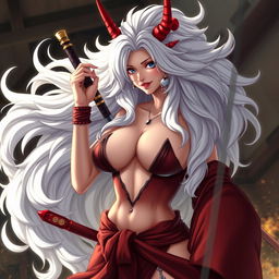 A sexy portrayal of Yamato, a character from One Piece, with her iconic large white mane-like hair and traditional yet revealing samurai attire, emphasizing her confident and alluring demeanor