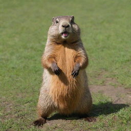 A supremely ecstatic brown groundhog wearing a vibrant, fun bathing suit, its joy palpable, standing upright outside its burrow in lush green grass, dancing under the summer sun