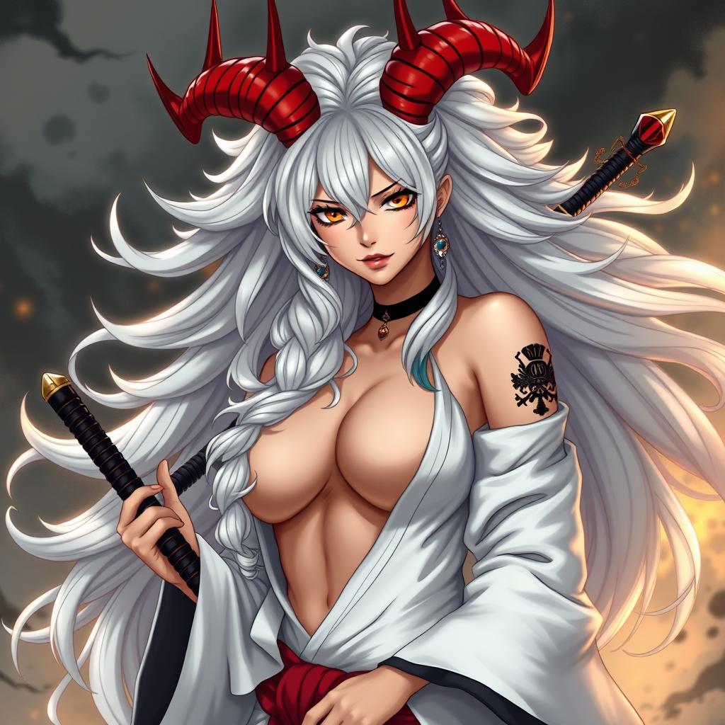 A sexy portrayal of Yamato, a character from One Piece, with her iconic large white mane-like hair and traditional yet revealing samurai attire, emphasizing her confident and alluring demeanor