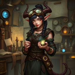 A tiefling artificer girl, showcasing her with distinctive tiefling features such as horns and a long tail