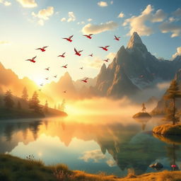 A whimsical fantasy landscape at sunrise, featuring towering mountains in the background and a serene lake reflecting the morning light in the foreground