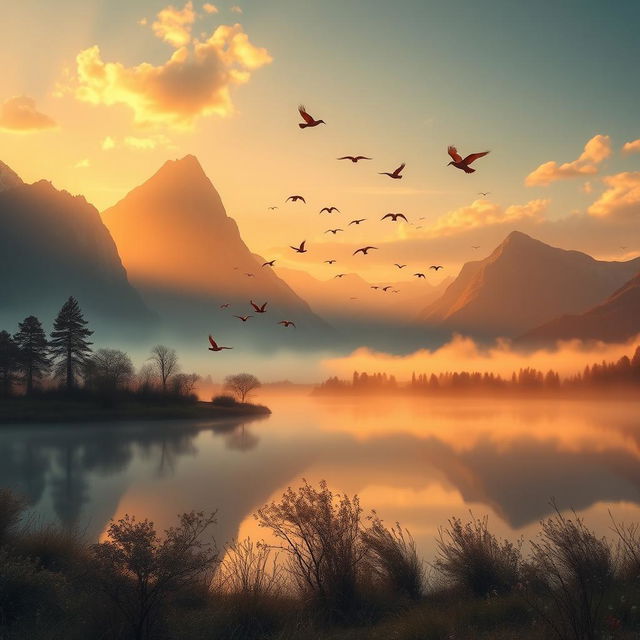 A whimsical fantasy landscape at sunrise, featuring towering mountains in the background and a serene lake reflecting the morning light in the foreground