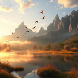 A whimsical fantasy landscape at sunrise, featuring towering mountains in the background and a serene lake reflecting the morning light in the foreground