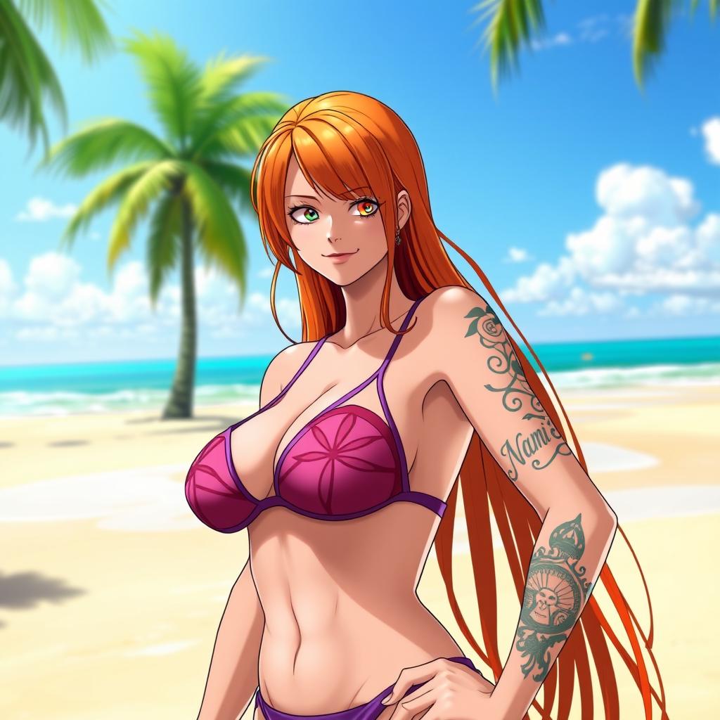 Nami from One Piece wearing a sexy, stylish bikini, showcasing her confident and adventurous personality