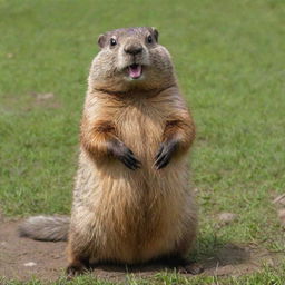 A supremely ecstatic brown groundhog wearing a vibrant, fun bathing suit, its joy palpable, standing upright outside its burrow in lush green grass, dancing under the summer sun