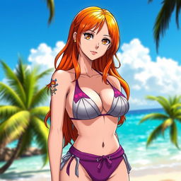 Nami from One Piece wearing a sexy, stylish bikini, showcasing her confident and adventurous personality