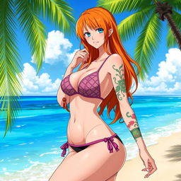 Nami from One Piece wearing a sexy, stylish bikini, showcasing her confident and adventurous personality