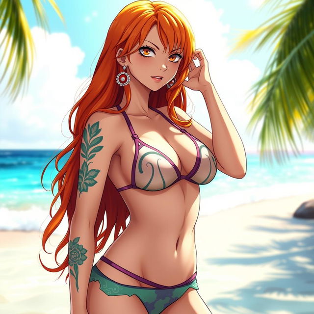 Nami from One Piece wearing a sexy, stylish bikini, showcasing her confident and adventurous personality