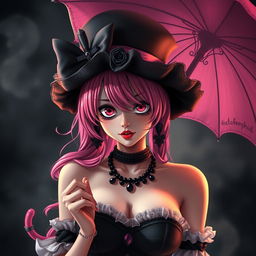 Perona from One Piece portrayed in a sensual and alluring manner, emphasizing her gothic-lolita style with her unique features such as her pink hair, distinctive hat, and parasol