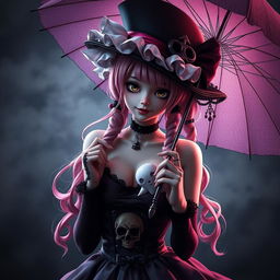 Perona from One Piece portrayed in a sensual and alluring manner, emphasizing her gothic-lolita style with her unique features such as her pink hair, distinctive hat, and parasol