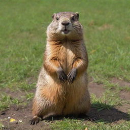 A supremely ecstatic brown groundhog wearing a vibrant, fun bathing suit, its joy palpable, standing upright outside its burrow in lush green grass, dancing under the summer sun