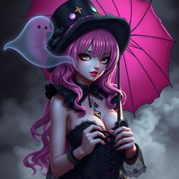 Perona from One Piece portrayed in a sensual and alluring manner, emphasizing her gothic-lolita style with her unique features such as her pink hair, distinctive hat, and parasol