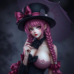 Perona from One Piece portrayed in a sensual and alluring manner, emphasizing her gothic-lolita style with her unique features such as her pink hair, distinctive hat, and parasol