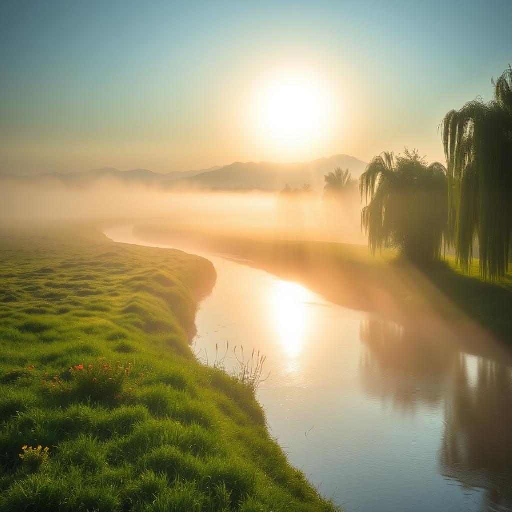 A serene landscape capturing the peaceful beauty of early morning mist over a willow-lined riverside