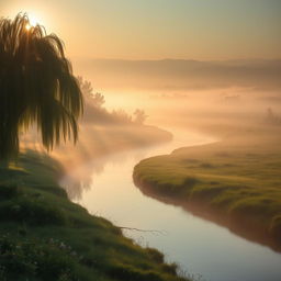 A serene landscape capturing the peaceful beauty of early morning mist over a willow-lined riverside