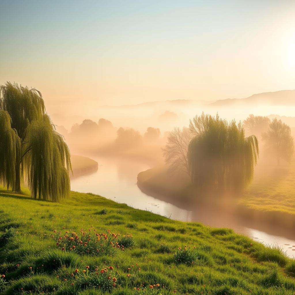 A serene landscape capturing the peaceful beauty of early morning mist over a willow-lined riverside