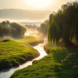 A serene landscape capturing the peaceful beauty of early morning mist over a willow-lined riverside