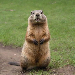 A supremely ecstatic brown groundhog wearing a vibrant, fun bathing suit, its joy palpable, standing upright outside its burrow in lush green grass, dancing under the summer sun