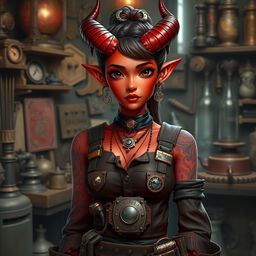 A red-skinned Asian tiefling artificer girl, showcasing both her demonic heritage and her ingenious craftsman skills