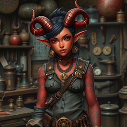 A red-skinned Asian tiefling artificer girl, showcasing both her demonic heritage and her ingenious craftsman skills