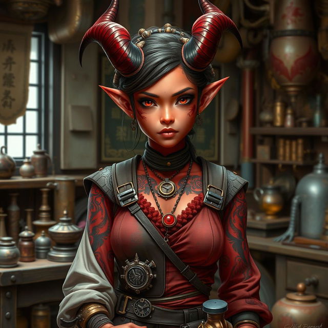 A red-skinned Asian tiefling artificer girl, showcasing both her demonic heritage and her ingenious craftsman skills