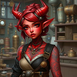 A red-skinned Asian tiefling artificer girl, showcasing both her demonic heritage and her ingenious craftsman skills