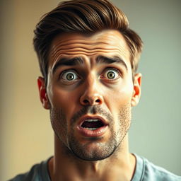 A handsome man with a shocked expression on his face, portrayed in hyper realistic detail