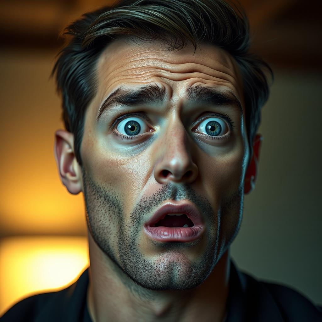 A handsome man with a shocked expression on his face, portrayed in hyper realistic detail