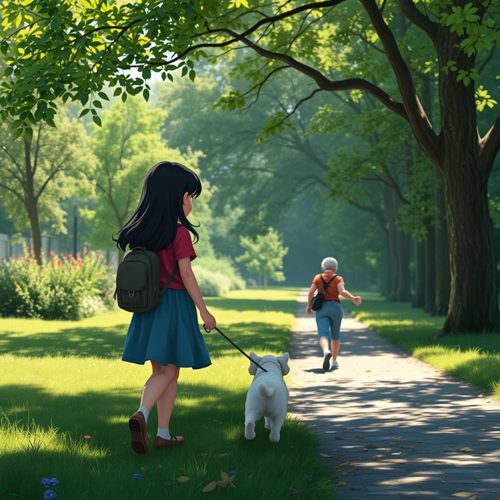 A scene capturing a moment of renewed hope for Lili, a 12-year-old girl with dark hair, as she meets an elderly woman in a park