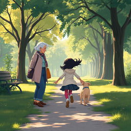 A scene capturing a moment of renewed hope for Lili, a 12-year-old girl with dark hair, as she meets an elderly woman in a park