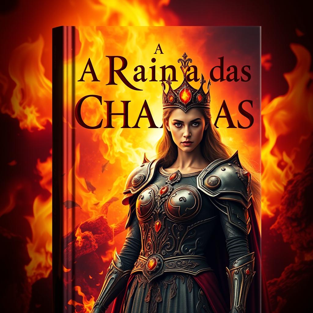 A captivating book cover design featuring the title "A Rainha das Chamas" prominently displayed in an elegant and fiery font