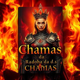 A captivating book cover design featuring the title "A Rainha das Chamas" prominently displayed in an elegant and fiery font