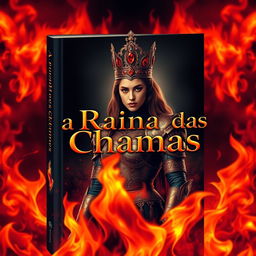 A captivating book cover design featuring the title "A Rainha das Chamas" prominently displayed in an elegant and fiery font