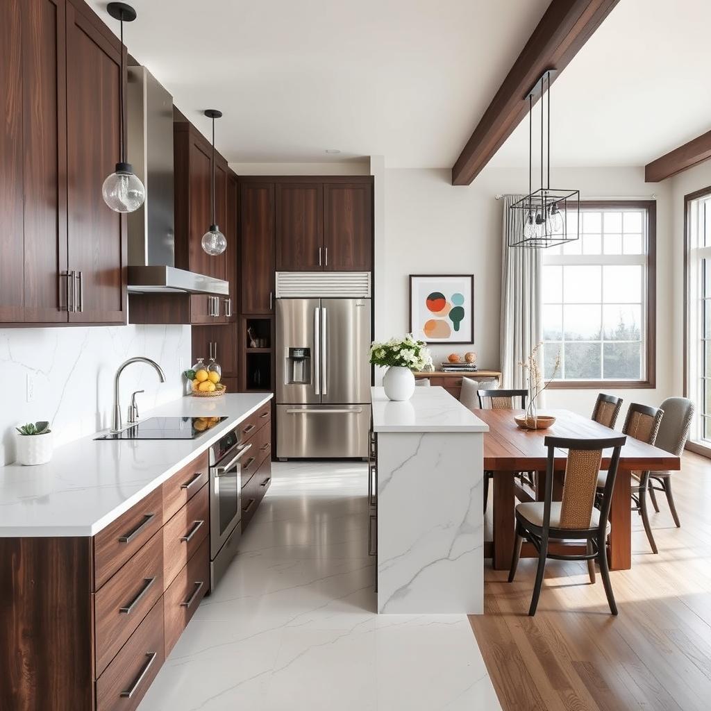 A beautifully remodeled kitchen showcasing a modern and sleek design with white marble countertops, stainless steel appliances, and dark oak cabinetry