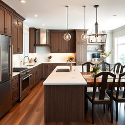 A beautifully remodeled kitchen showcasing a modern and sleek design with white marble countertops, stainless steel appliances, and dark oak cabinetry