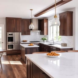 A beautifully remodeled kitchen showcasing a modern and sleek design with white marble countertops, stainless steel appliances, and dark oak cabinetry