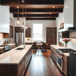 A beautifully remodeled kitchen showcasing a modern and sleek design with white marble countertops, stainless steel appliances, and dark oak cabinetry