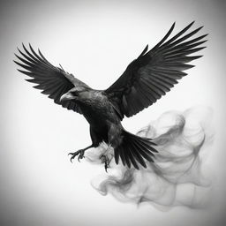 A detailed and intricate crow tattoo design, showcasing the bird in full flight, its wings mid-flap, surrounded by wisps of mythic-looking smoke.