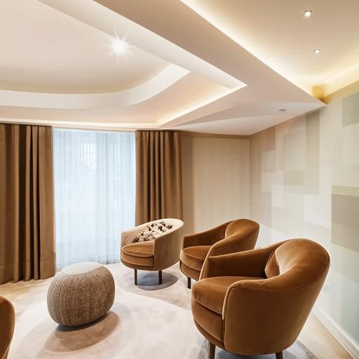 A neutrally themed bedroom with a distinctive concave ceiling. The walls are adorned with wallpaper while full-height curtains dress the windows. The room also features a drop ceiling, two cozy coffee armchairs, and a matching table.