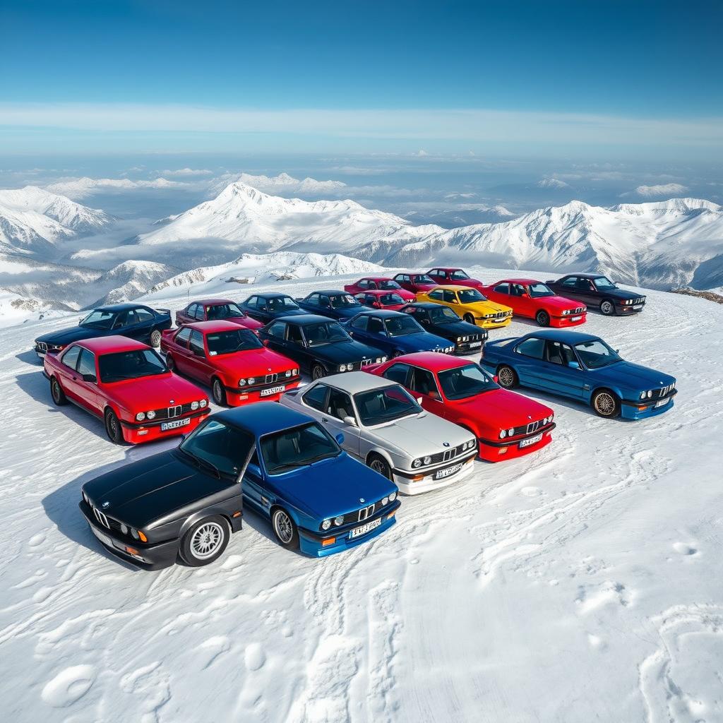 A stunning BMW E30 car meet on a snow-capped mountain top